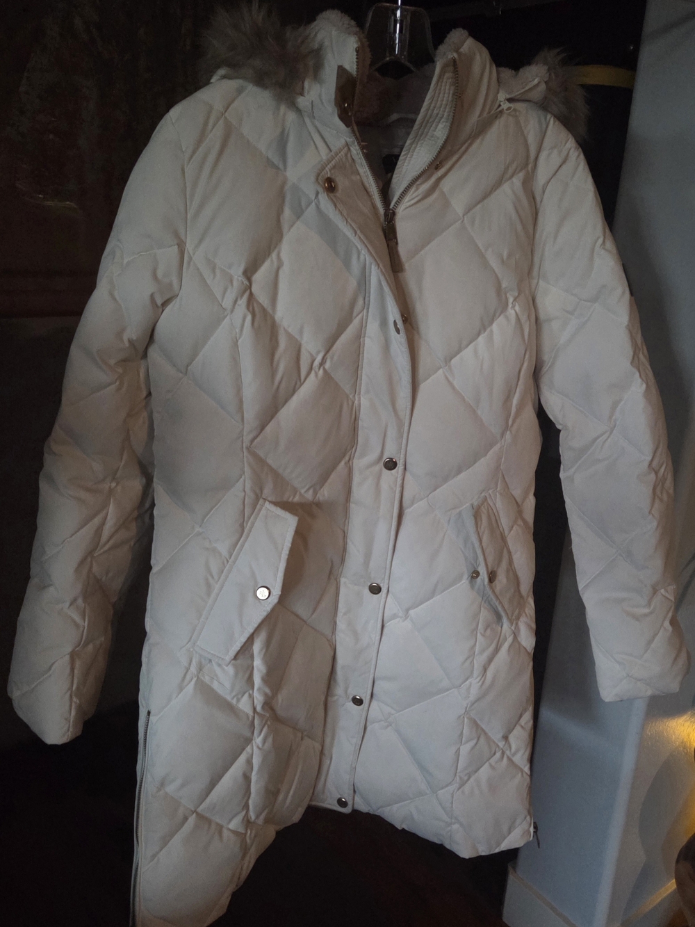 Polo Ralph Lauren Cream Diamond Quilted Hooded Coat with Faux-Fur Trim